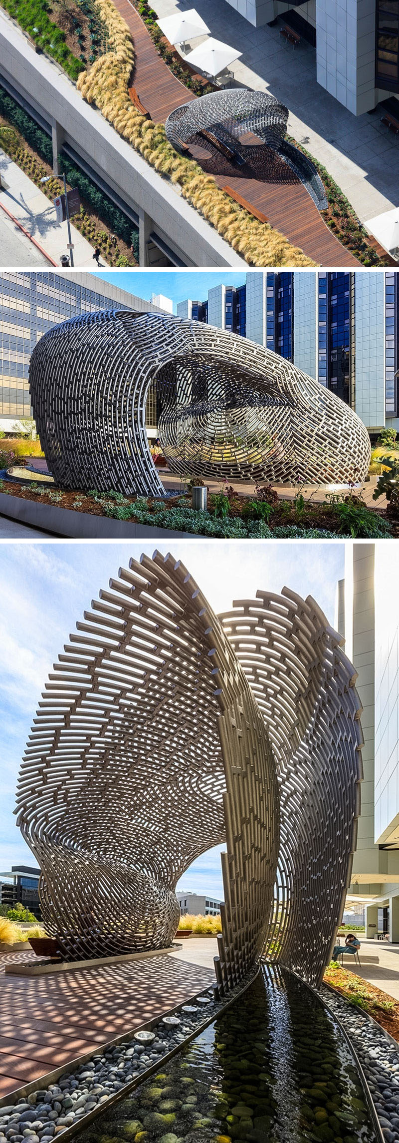 This modern sculptural pavilion by Ball Nogues Studio, is fabricated from 2793 linear feet of 2-inch diameter mild steel tube that were bent with a computer numerically controlled rolling system. In total, there are 352 individual tubes that are unique in their design and together they form a structural shell.