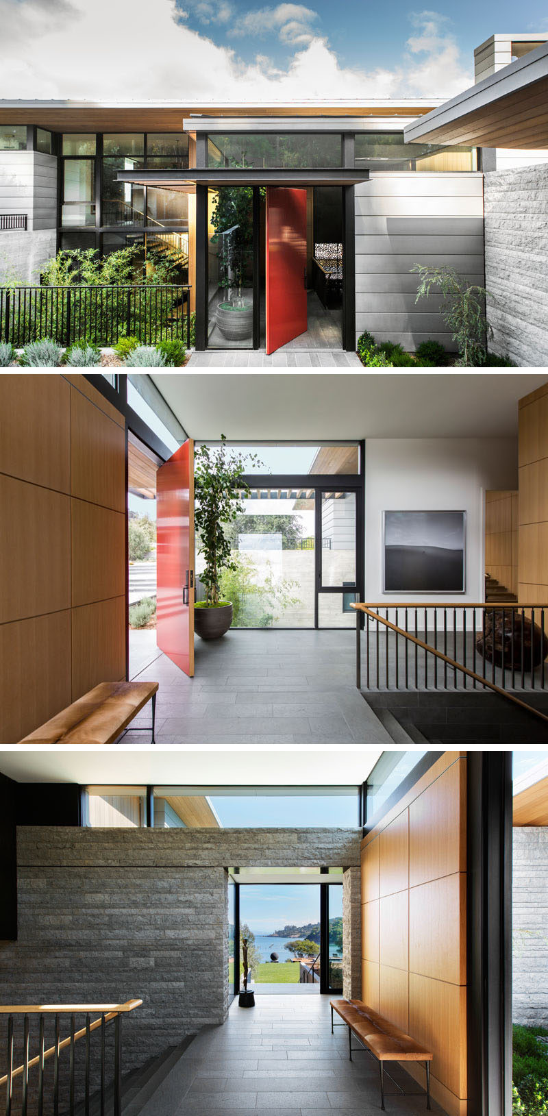 A bold red pivoting front door welcomes you to this modern house, and once inside, there's an entryway that provides access to two separate sets of stairs. #PivotingFrontDoor #RedFrontDoor #DoorIdeas #PivotDoor