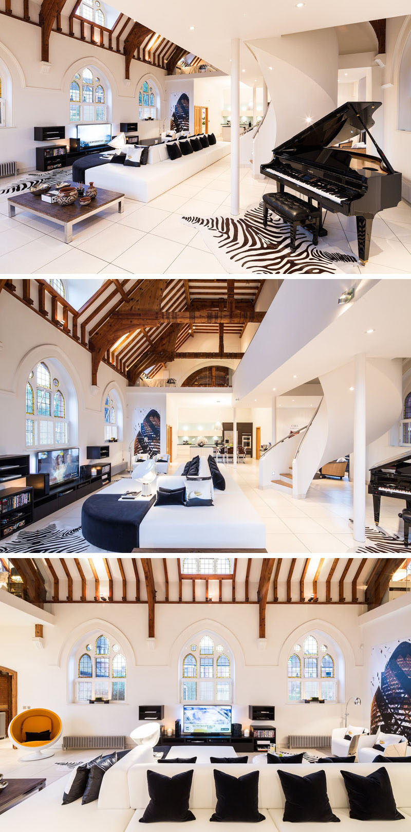 The interior of this renovated church has retained original features like the beamed high ceiling and stained glass windows, and combined them with contemporary furnishings and bright white walls and flooring. #RenovatedChurch #ChurchConversion #ModernInteriorDesign #InteriorDesign #Windows