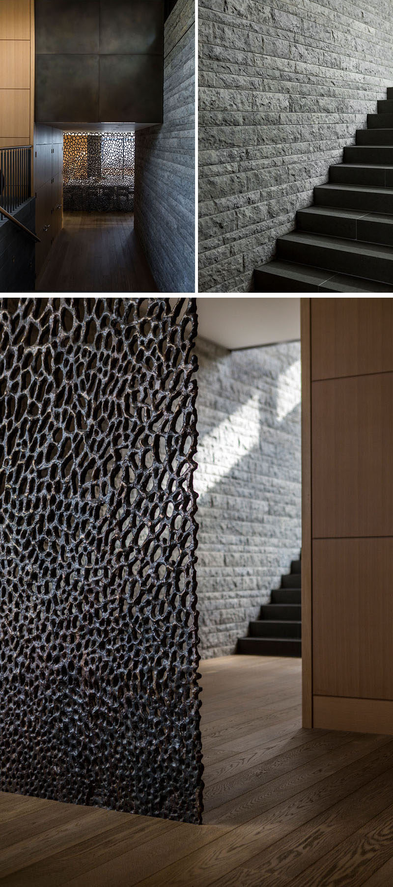 In this modern house, a stone wall runs alongside the stairs, while at the bottom of the stairs, there's a decorative screen hiding the dining room. #SonteWall #Stairs #DecorativeScreen