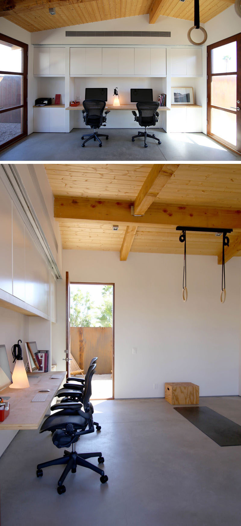 This studio / home office also doubles as a gym and opens up to a patio and courtyard. #HomeOffice #gym #studio #WoodFramedDoors
