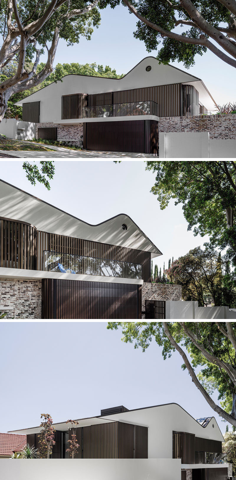 This house features white masonry gables and recycled bricks, combined with aluminum battens that screen the windows that face the street, creating a contemporary facade.