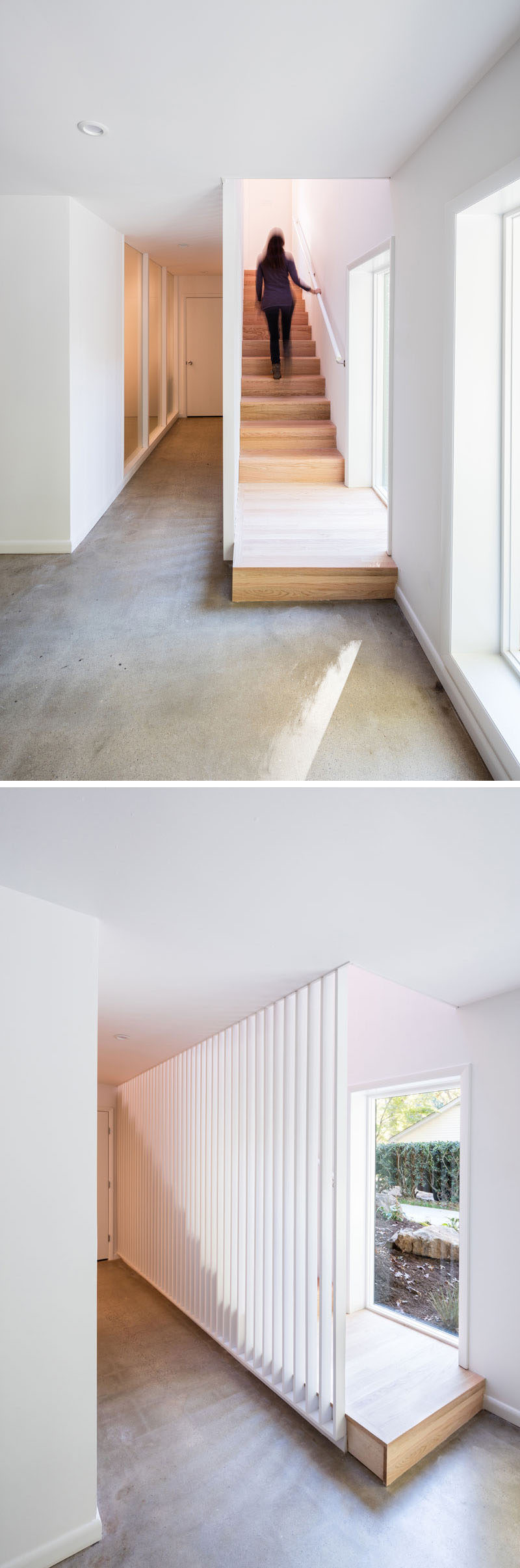 These simple and modern wood stairs add a natural touch to white interior, while slats allow light from the window to travel through the space.