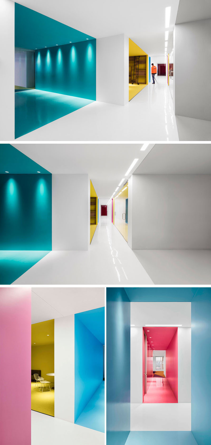 This contemporary and open-concept office design is mostly white, however bold pops of color have been used to define various areas throughout the interior. #Workplace #OfficeDesign #InteriorDesign #Office #Colors