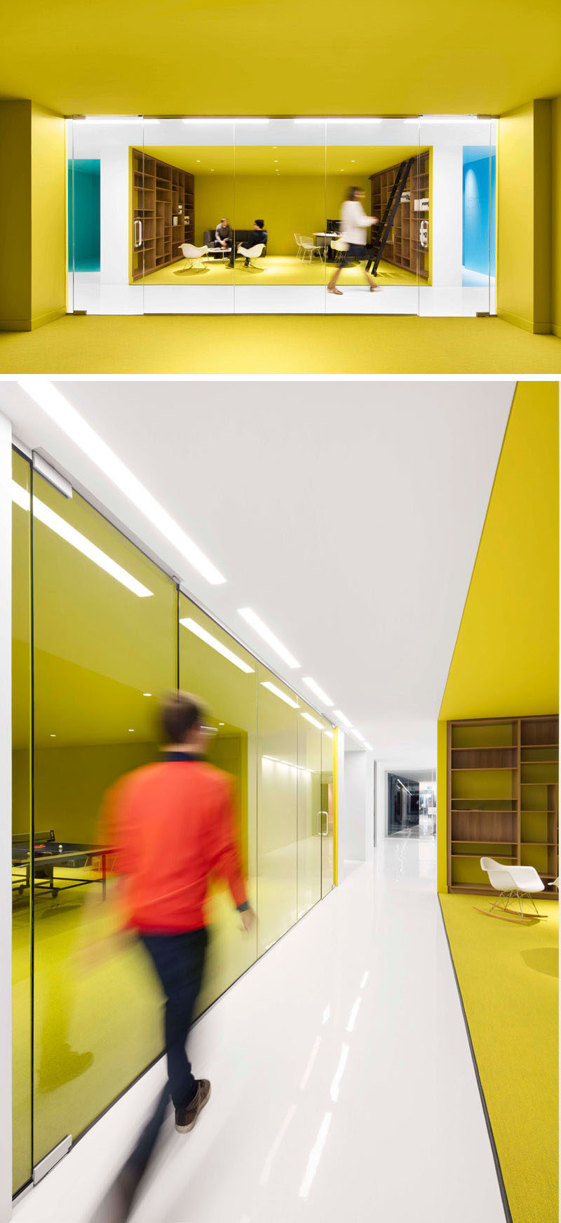 This contemporary and open-concept office design is mostly white, however bold pops of color have been used to define various areas throughout the interior. #Workplace #OfficeDesign #InteriorDesign #Office #Colors