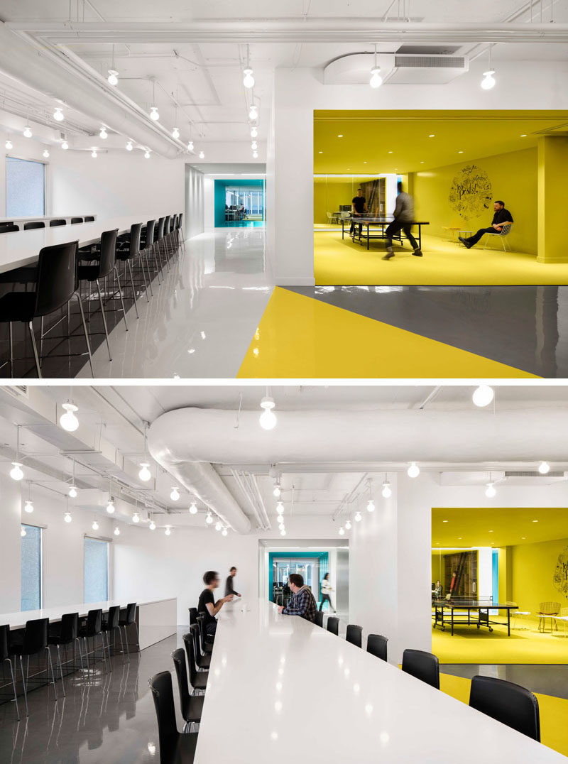 This contemporary and open-concept office design is mostly white, however bold pops of color have been used to define various areas throughout the interior. #Workplace #OfficeDesign #InteriorDesign #Office #Colors #Yellow