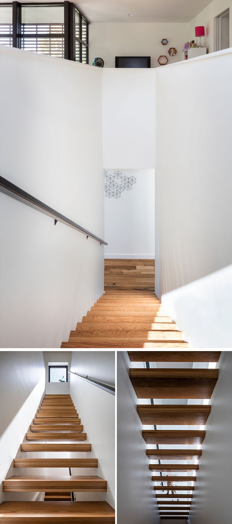 These modern wood stairs are surrounded by white walls and connect the various levels of the home.