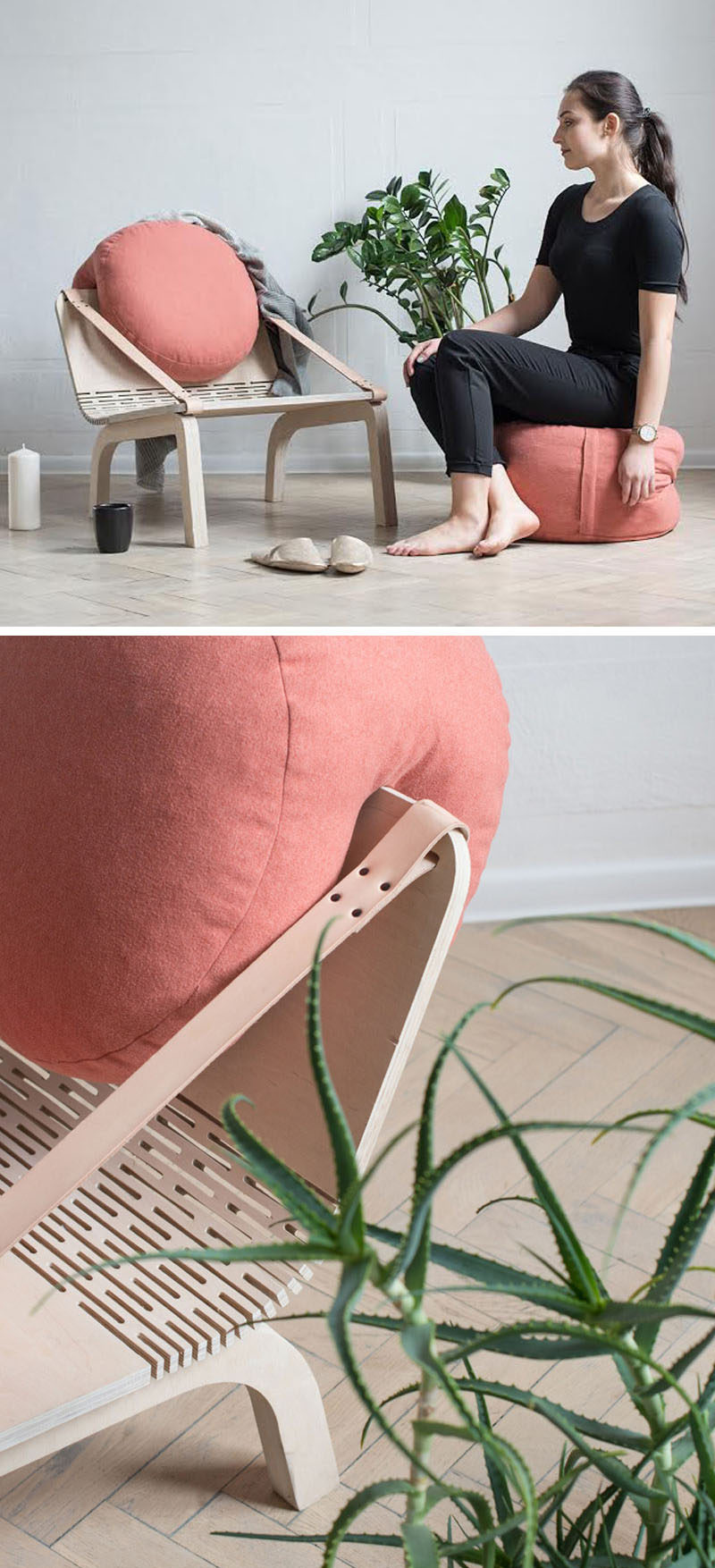 Agnieszka Kowal has designed 'Dango', a modern plywood armchair that has cushions that can be removed and used as poufs.