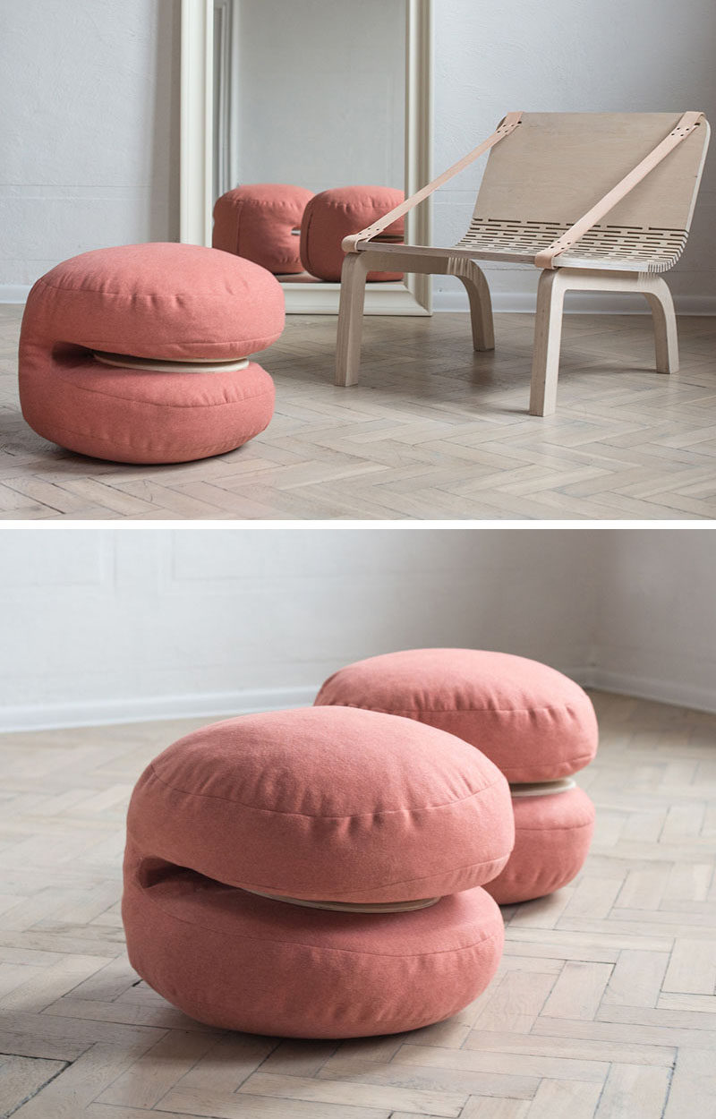 Agnieszka Kowal has designed 'Dango', a modern plywood armchair that has cushions that can be removed and used as poufs.