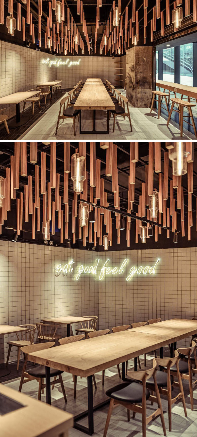 On the ceiling of this modern coffee shop, irregular timber pieces mimic the branches and hanging vines of trees. Warm light in the form of pendant lights, filters between the timber branches and mimics drops of rain falling of leaves.