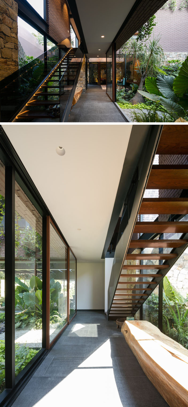 Wood, steel and glass stairs lead to the upper floor of this modern Mexican house.