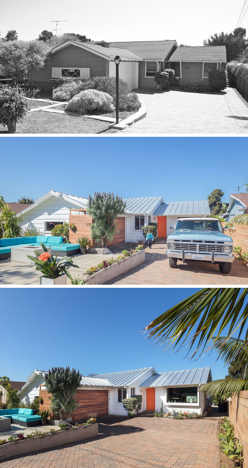 Surfside Projects has recently completed the modern renovation of a 1957 coastal rancher home in Leucadia, California, and transformed it into a fun, bright and friendly house. The garage is now hidden within a wood accent wall and the front garden has been landscaped to have an outdoor lounge with fire.