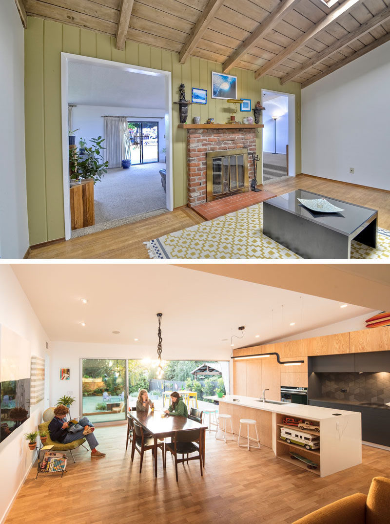 Before and After - An original wall was removed to open up the living room to the dining room and kitchen. 