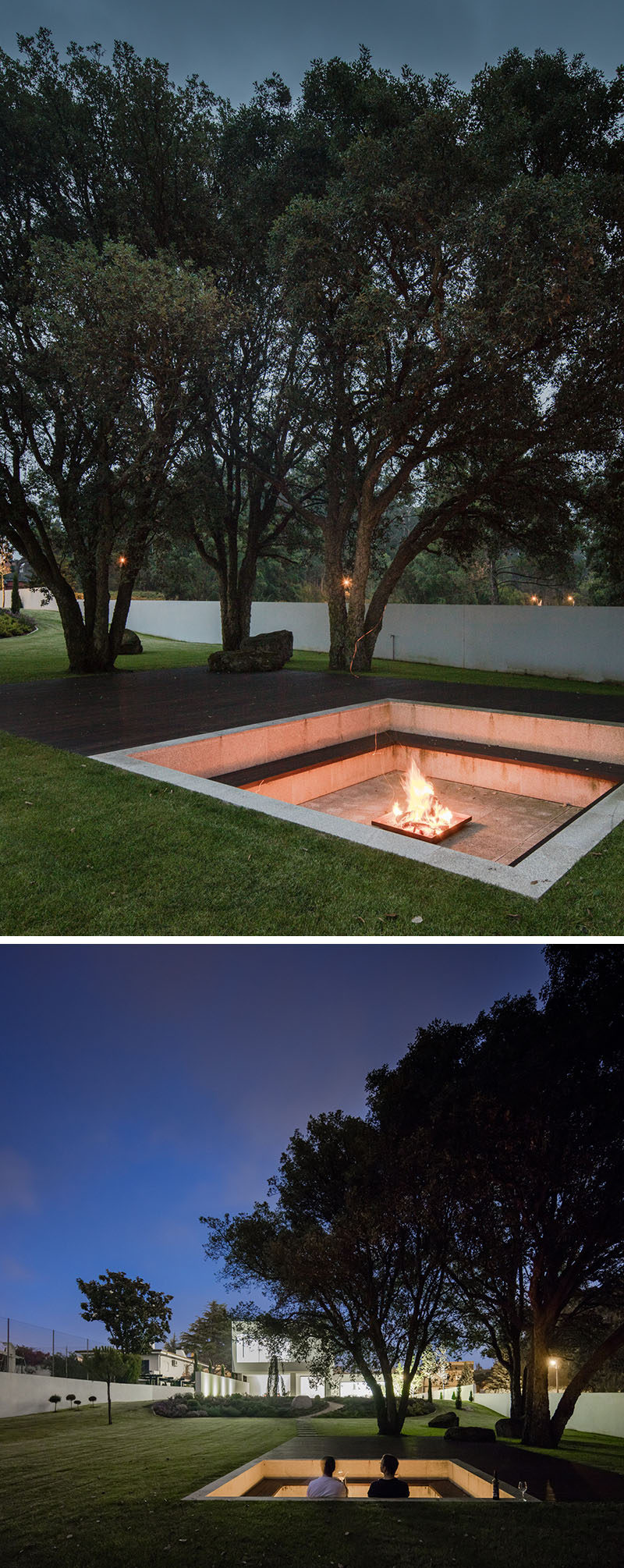 Sunken down into the grassy landscaped yard of this modern house, is a square lounging pit with built-in seating that wraps around the fire and allows people to lean against the wall. From the lounge, you are able to have a view of the house, and at night it's lit up, highlighting the design of the house. #FirePit #Landscaping #Backyard #OutdoorLounge #SunkenFirePit