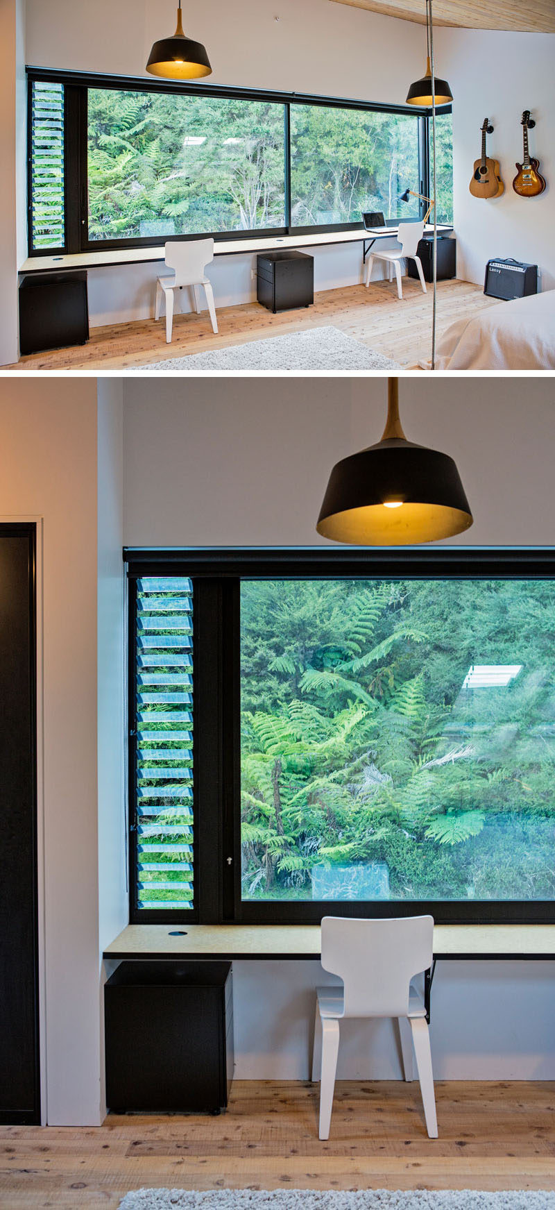 In this modern bedroom, a simple two-person desk is positioned beneath large black-framed windows to take advantage of the view. #Desk #HomeOffice #Windows #BlackFramedWindows