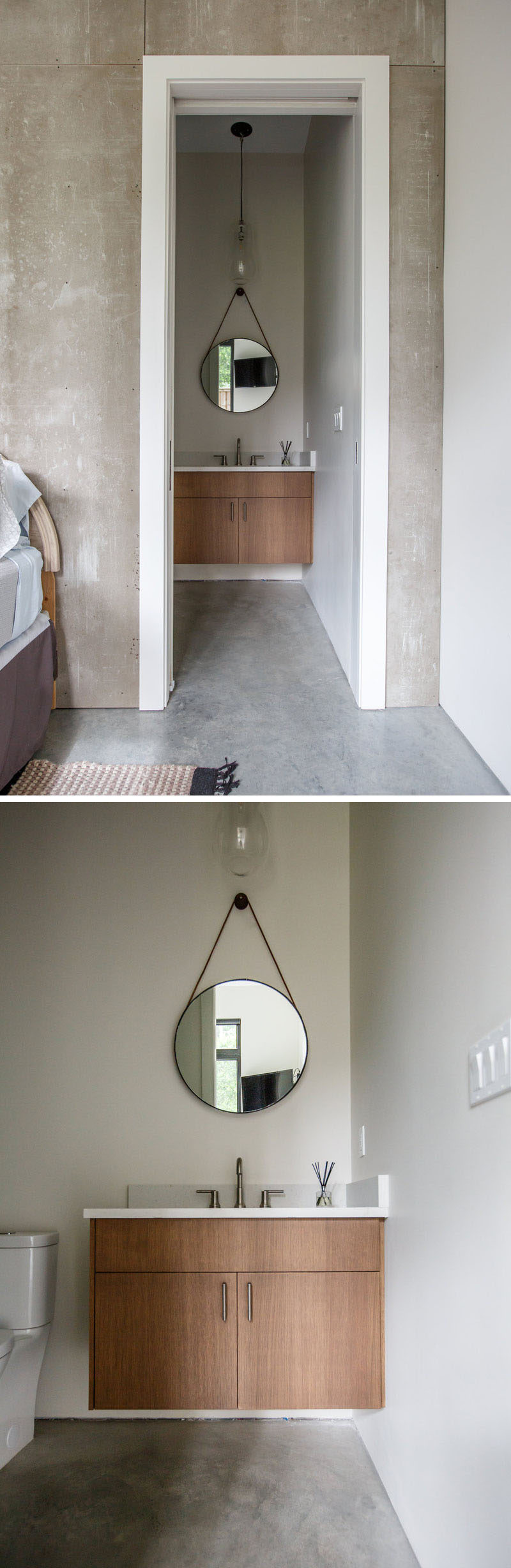 This simple en-suite bathroom has a wood vanity with a white counter and a hanging round mirror. #BathroomDesign #InteriorDesign #Bathroom #ModernBathroom