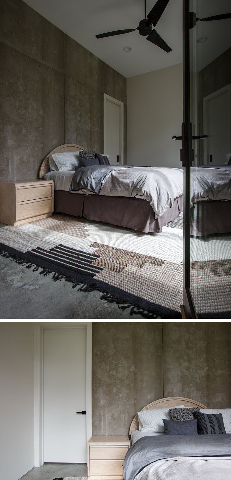 In this contemporary bedroom, a wall of concrete-like panels becomes an accent wall and the black fan compliments the black door frame. #Bedroom #AccentWall #InteriorDesign