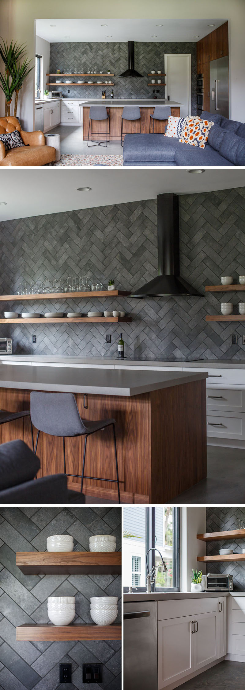  In this modern kitchen, grey tiles in a herringbone pattern cover the wall, while floating wood shelves compliment the wood island. #ModernKitchen #KitchenDesign #InteriorDesign #GreyTiles #HerringbonePattern #FloatingShelves
