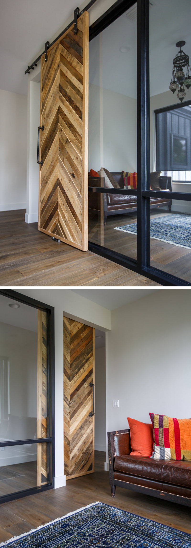 A sliding barn door made from recycled wood provides access to this home office, while natural light from the window flows through a glass wall, allowing the room to feel open to the rest of the house. #HomeOffice #SlidingBarnDoor #WoodDoor #InteriorDesign