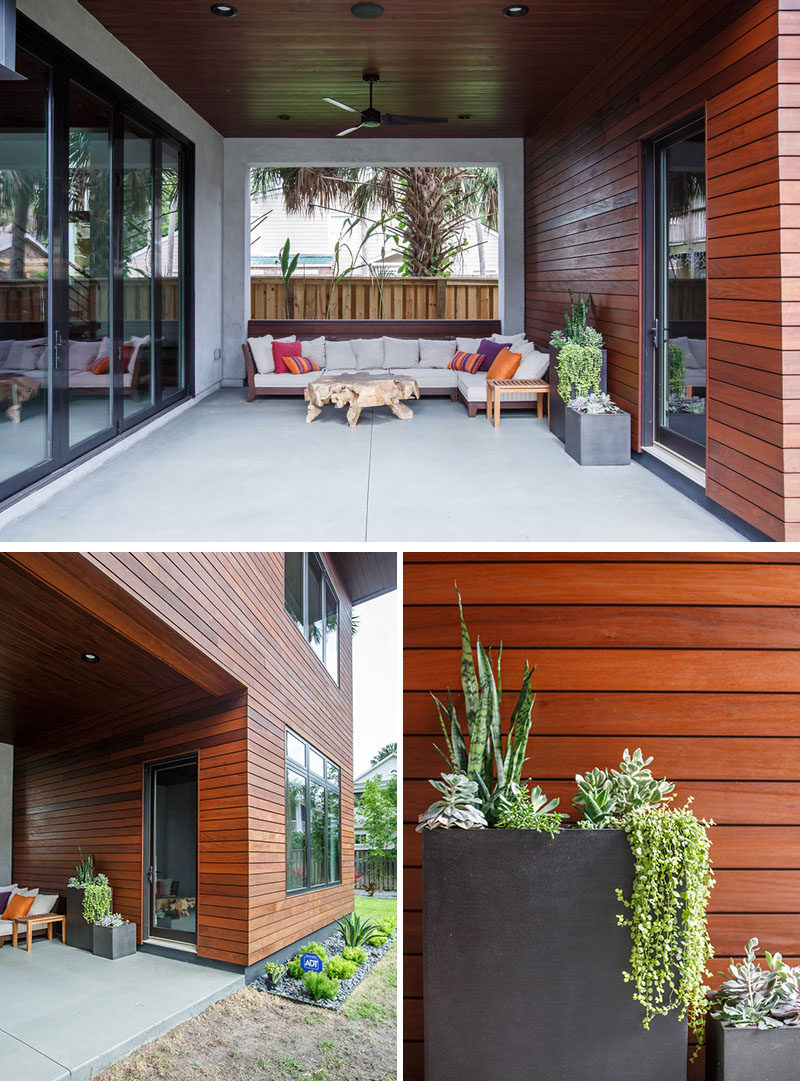 This modern house has a covered outdoor lounge area. #ModernHouse #OutdoorLounge #Architecture