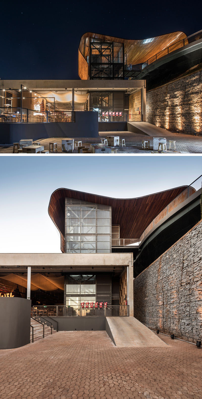 This modern brewery, which features a large sculptural wood roof, includes a restaurant, shop, office, wine cellar, beer factory and an outdoor area for food trucks. #Brewery #ModernArchitecture #RetailDesign