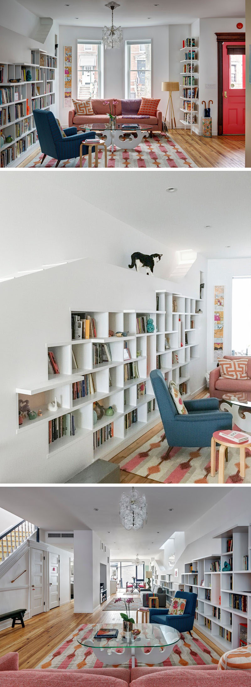 This renovated row house in Brooklyn has a custom built-in bookcase that runs the entire length of the home and it was specifically designed to allow the home owner's cats to climb it and have space to explore. #Cats #InteriorDesign #Shelving #Bookshelf #Bookcase