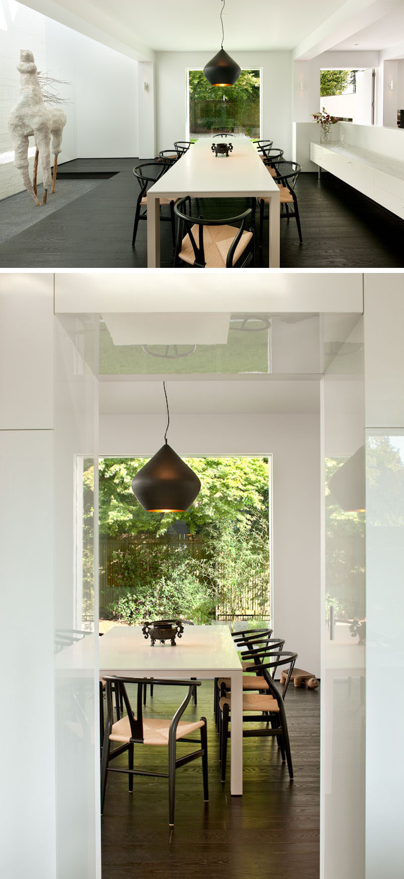 In this modern dining room, a simple white table ties in with the walls and a large window provides views of the garden. #ModernDiningRoom #InteriorDesign