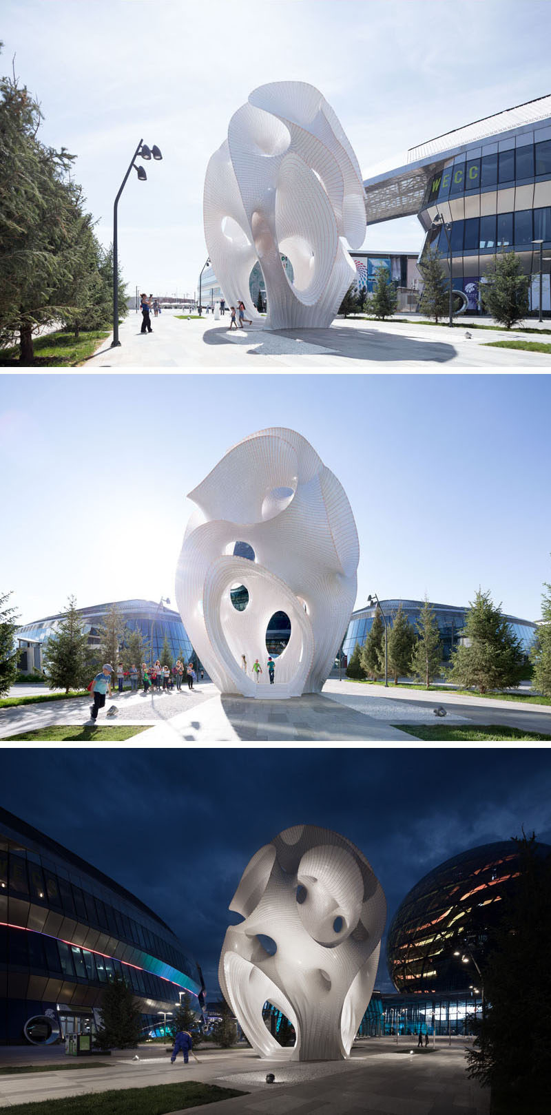 MARC FORNES / THEVERYMANY have created 'Minima | Maxima', a large public art sculpture amid the grounds of the World Expo 2017 in Astana, Kazakhstan, that's made from ?” power-coated Aluminum and stands 43 feet tall. #Art #Sculpture #PublicArt #Design