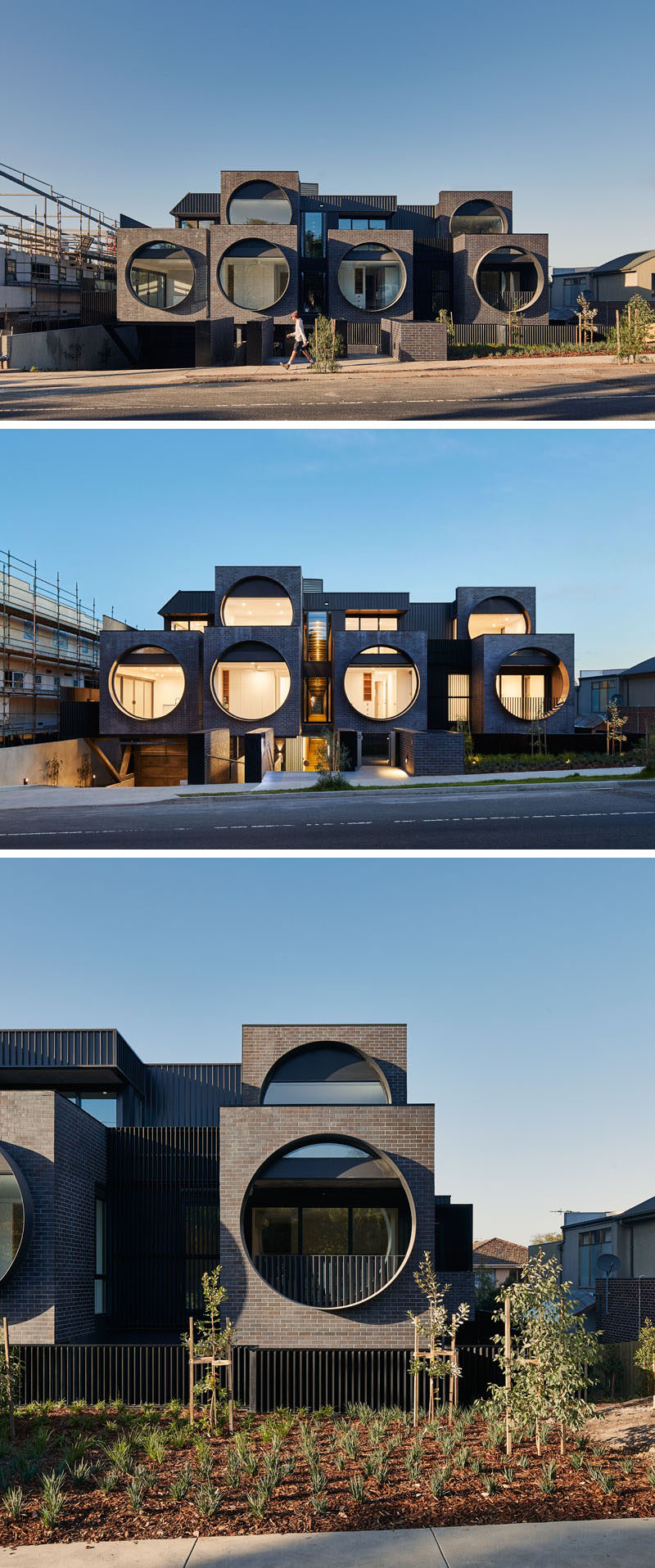 BKK Architects have recently completed the Cirqua Apartments that feature large porthole windows that face the street, and an exterior of weathered brick and standing seam metal. #Architecture #ApartmentBuilding #Windows #Brick