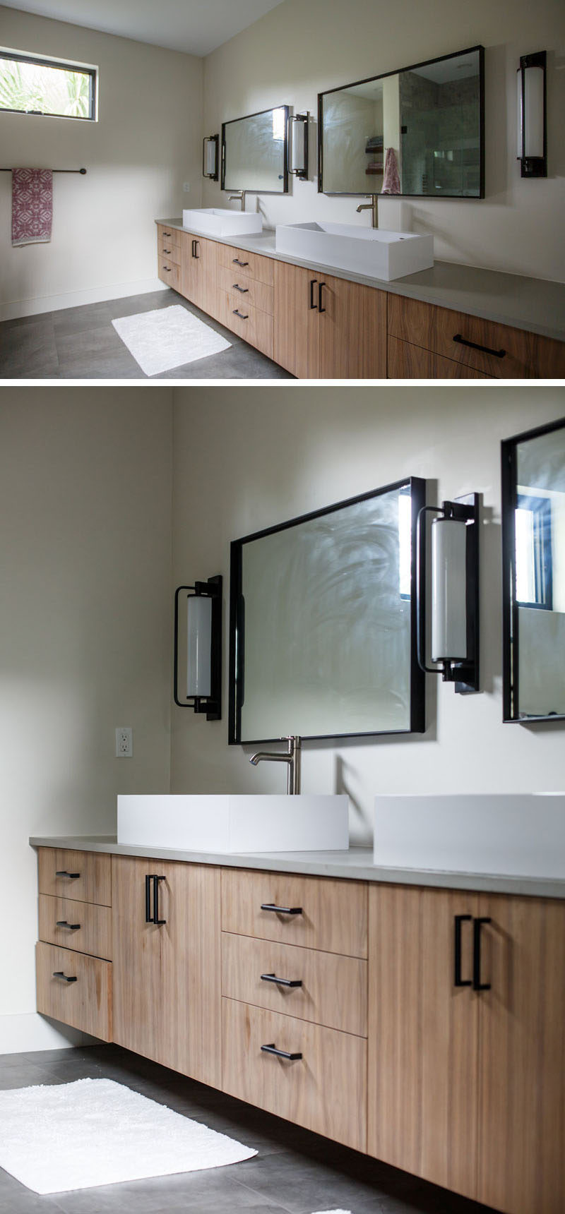 In this large bathroom, there's a wall-to-wall vanity with plenty of counter space and storage. #Bathroom #ModernBathroom #InteriorDesign #LargeVanity