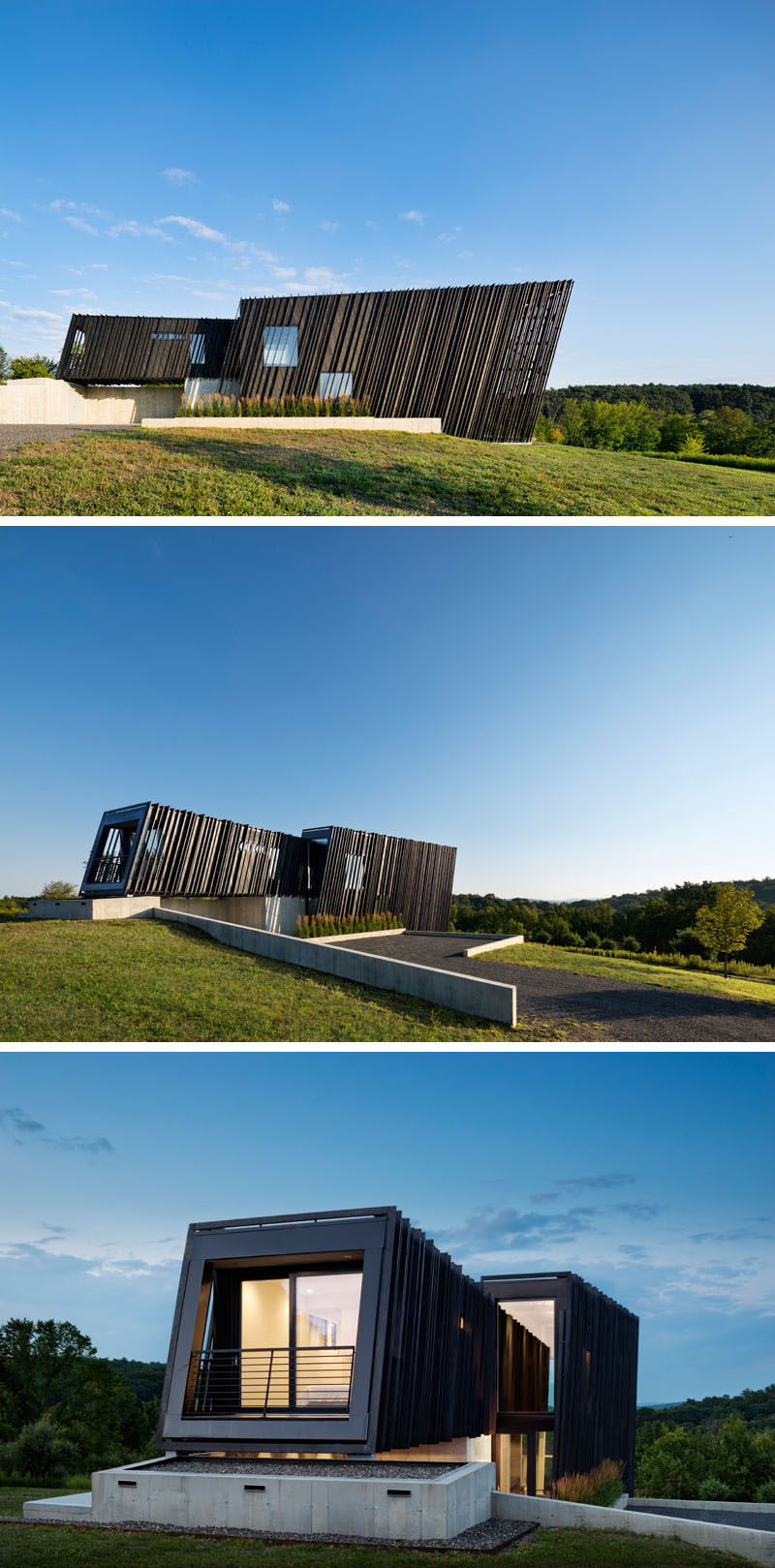 Inspired by barns and other farm buildings in the area, the architects designed this modern house as two elongated volumes – a smaller one sleeved into a larger – sitting on a cast-in-place concrete base. #ModernHouse #ModernArchitecture #ShouSugiBan