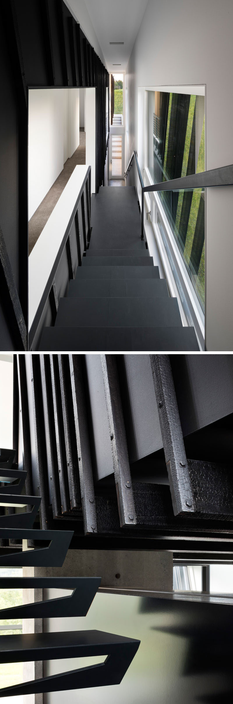 A black staircase leads up to the upper floor of this modern house, while windows provide plenty of natural light. #BlackStairs #ModernHouse #StairDesign