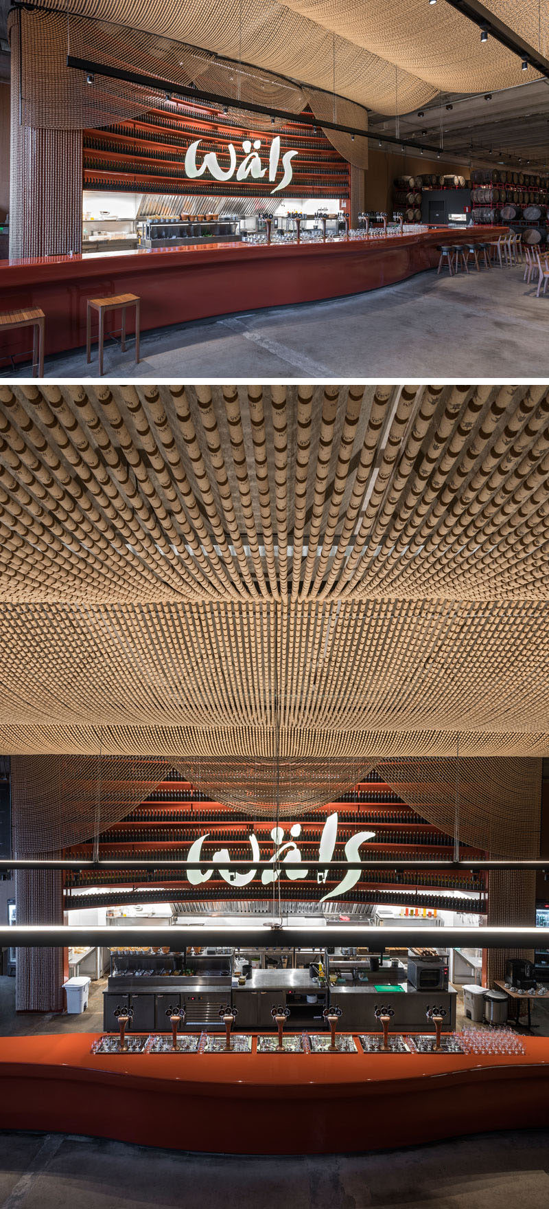 Inside this modern brewery, there's a bar area that's been designed as a reference to English-style India Pale Ale. Behind the bar is a large shelf full of bottles designed especially for the project, while above the bar, there's a large canopy made from 135,000 cork stoppers that create a theatrical appearance. #Brewery #RetailDesign #Bar #InteriorDesign