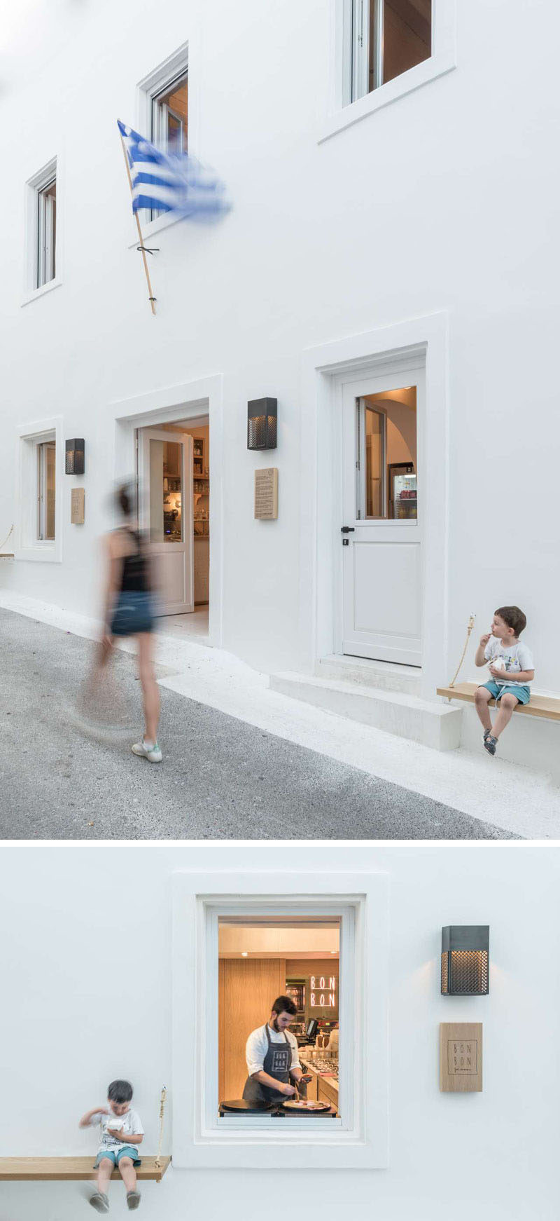 Outside this modern cafe, wood benches have been attached to the walls to provide a place to sit and eat. #ModernCafe #CafeDesign #CafeExterior #Greece