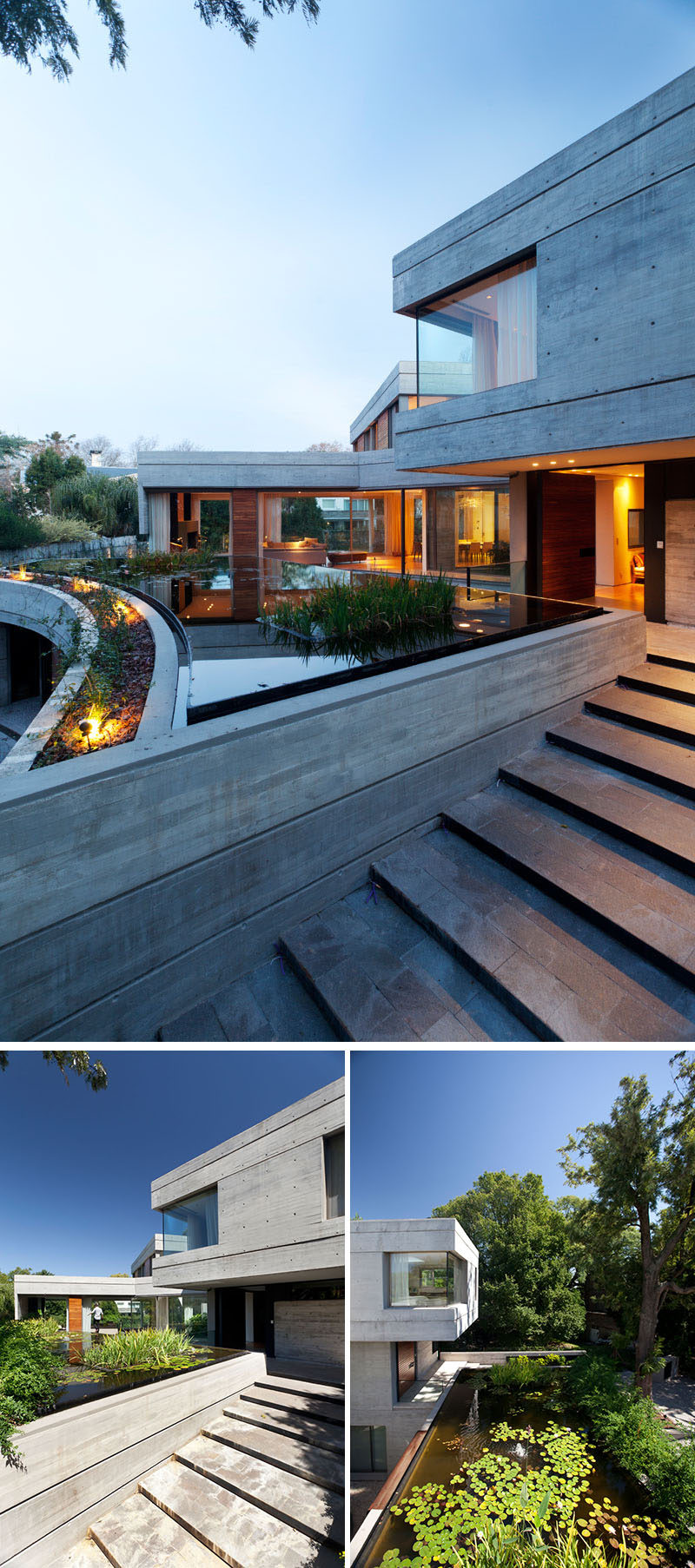 A Concrete House With A Pond And A Green Roof Incorporated Into Its Design