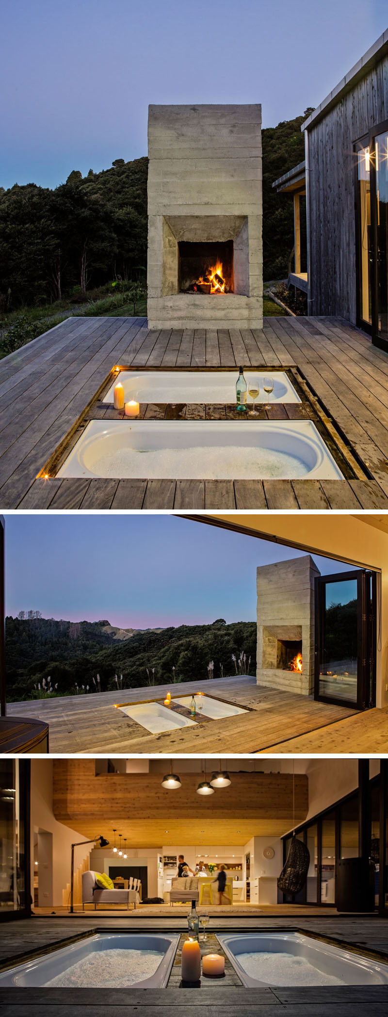 This modern house has an outdoor deck with a board-formed concrete fireplace and sunken bathtubs. #SunkenBathtub #OutdoorBathtub #OutdoorFireplace #ConcreteFireplace