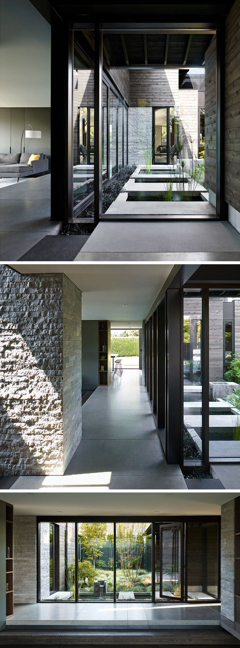 Stepping inside this renovated house, what was once a wall with three slim vertical windows, is now a large open window that provides views of the courtyard from inside the home. Around the corner and hidden in plain sight is a glass door that allows access to the courtyard. #Renovation #Windows #ModernHouse #Courtyard