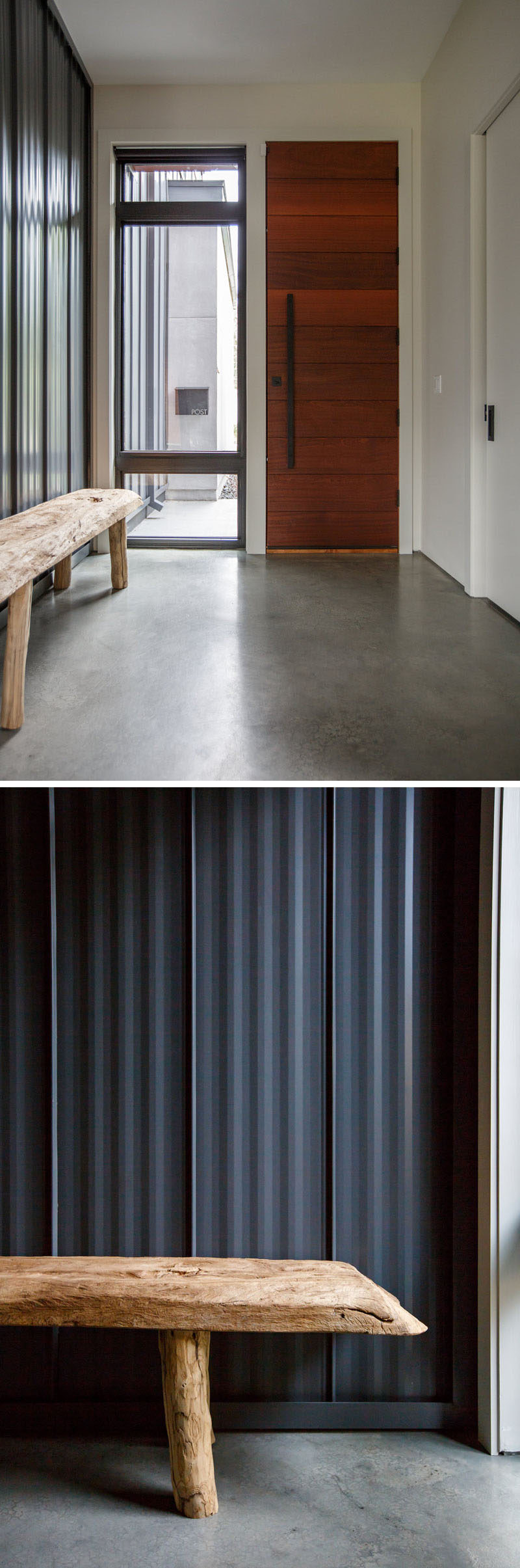 Inside this modern wood front door, the entryway features a wood bench and the grey siding from the exterior of the house continues through and becomes an accent wall. #ModernFrontDoor #WoodFrontDoor #Entryway #InteriorDesign