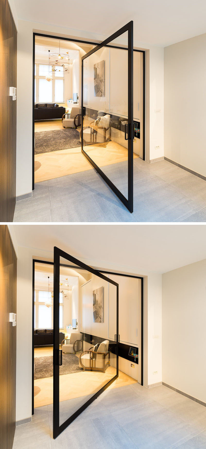 This pivoting glass door can turn a full 360 degrees. #PivotingGlassDoor #PivotingDoor #Door