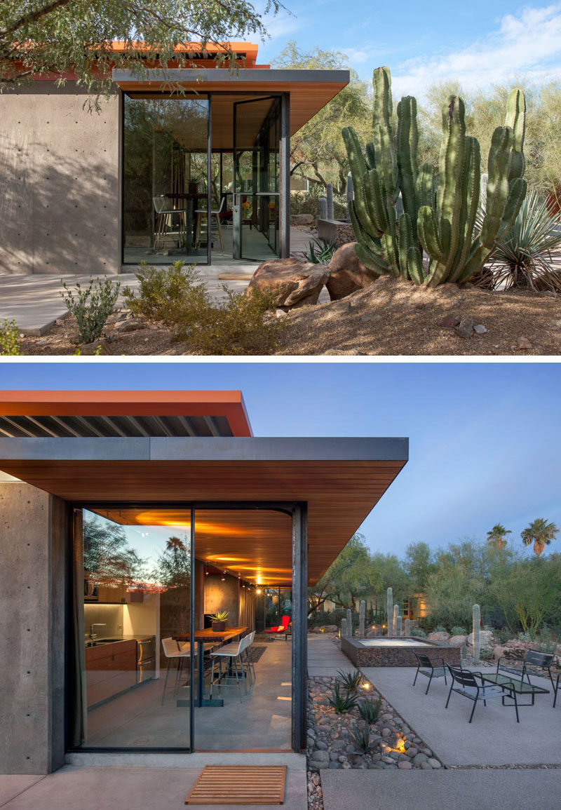 This modern guest house features an overhanging roof with the wood eaves traveling from the exterior through to the interior. #GuestHouse #WoodCeiling #Architecture #ModernArchitecture