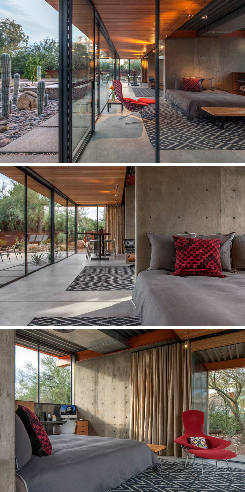 This modern bedroom in a guest house has a simple color palette of grey, red and wood, with a concrete wall acting as a headboard. #BedroomDesign #GreyAndRed #ModernBedroom #GuestHouse #InteriorDesign