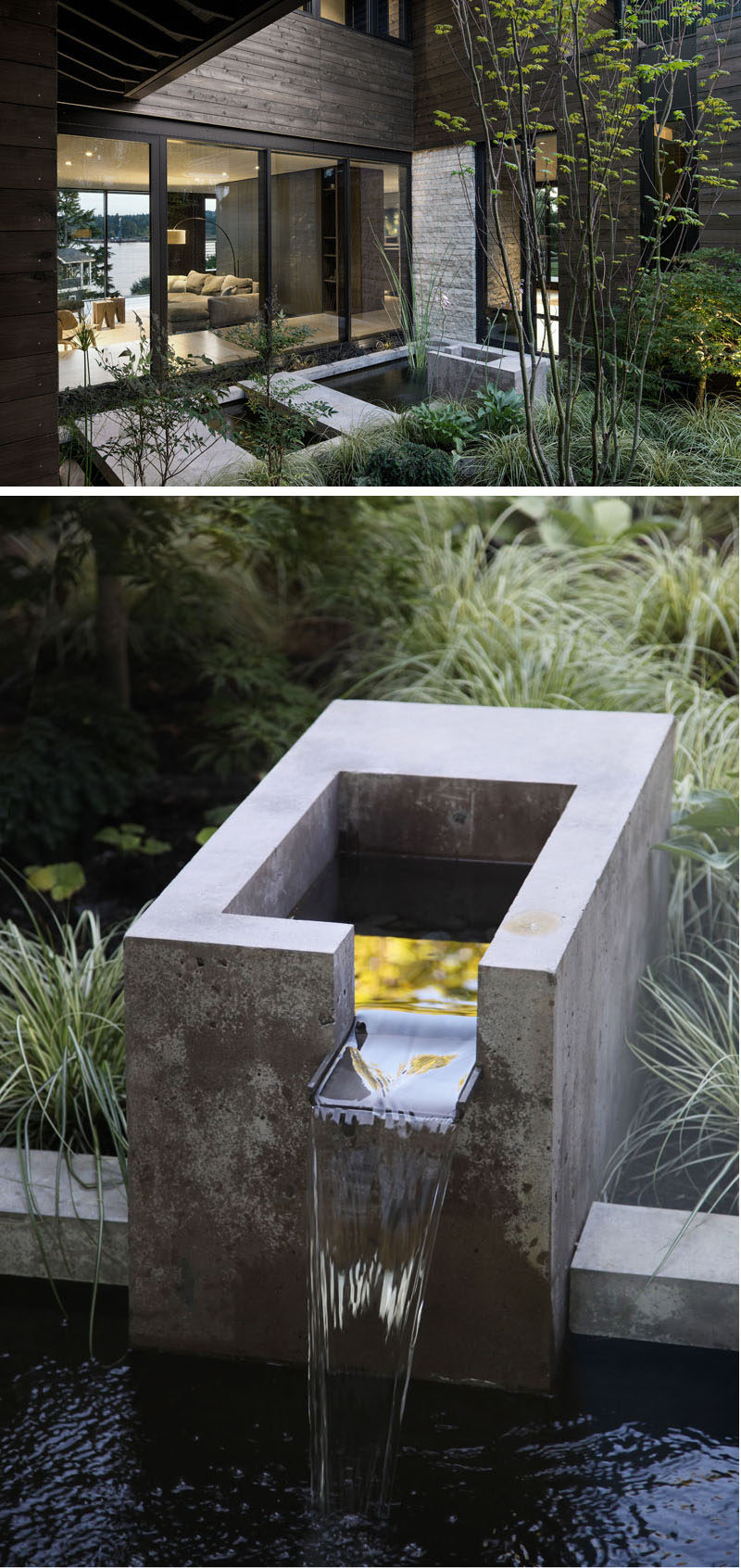 In this small and modern courtyard, there's a concrete water feature and plants that can be viewed from both levels of the home. #Courtyard #Landscaping #WaterFeature
