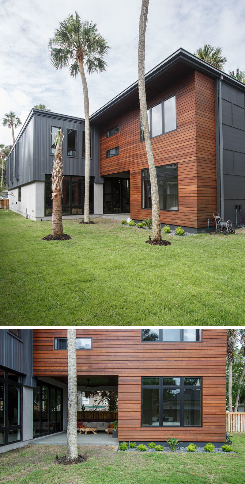 This modern house in Florida has simple landscaping with a few palm trees. #Landscaping #ModernArchitecture