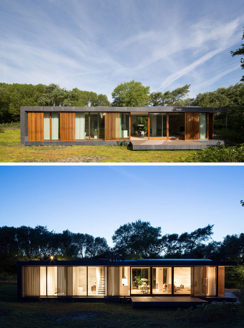 Architecture firm BERG + KLEIN, have designed a new villa in Hoek van Holland, The Netherlands, that combines concrete, wood and natural stone to create a modern facade. #ModernHouse #Stone #Wood #Architecture