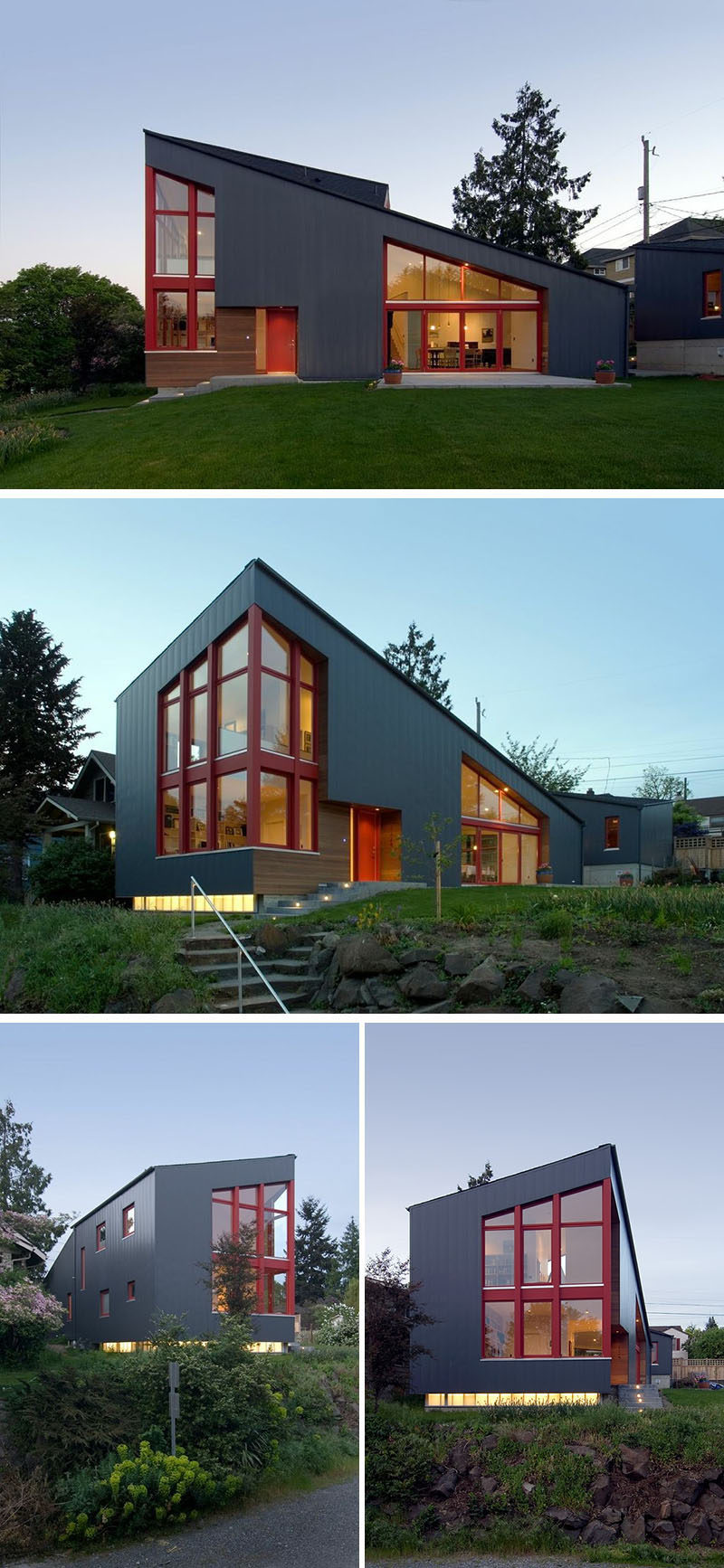 Stettler Design together with Paul Michael Davis Architects, have recently completed a new house in Seattle, Washington, that has a sloped roof and large windows that look out over the neighborhood. #ModernHouse #SlopedRoof #ModernArchitecture #Windows