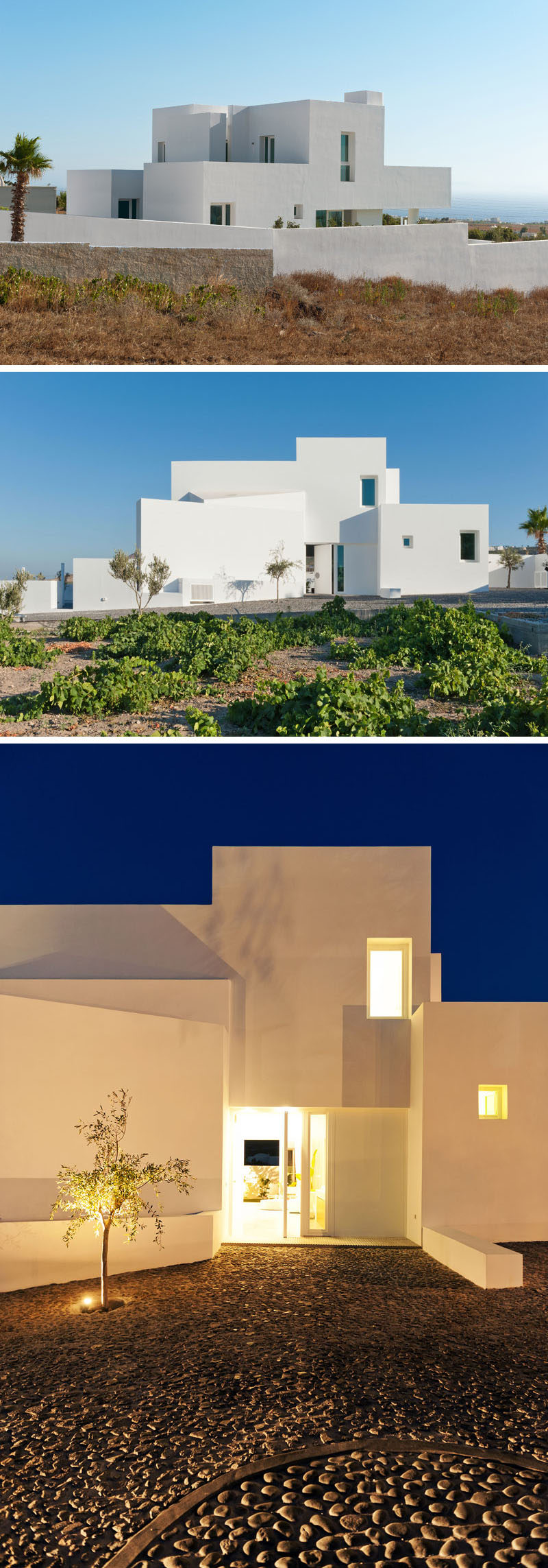 Kapsimalis Architects have design a new modern summer house in Santorini, Greece, that sits on a slightly sloped site and has views of the sea. #WhiteHouseExterior #ModernHouse #ModernArchitecture