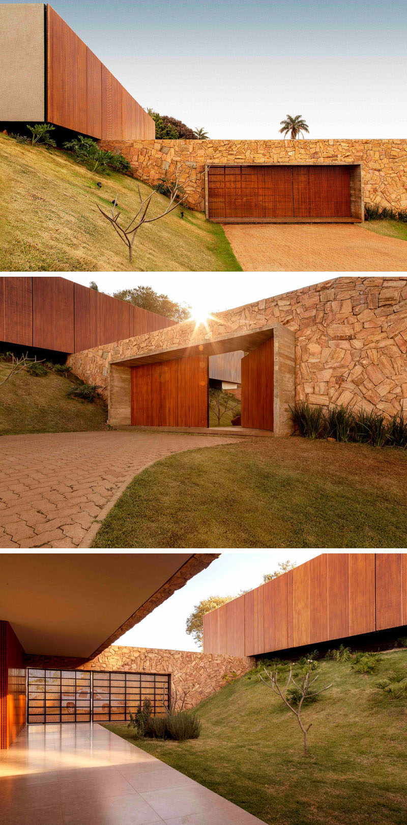 Upon arriving at this modern house, there's a wooden entryway held in place by a board-formed concrete wall surrounded by stone. #Wood #StoneWall #Entryway #ModernHouse