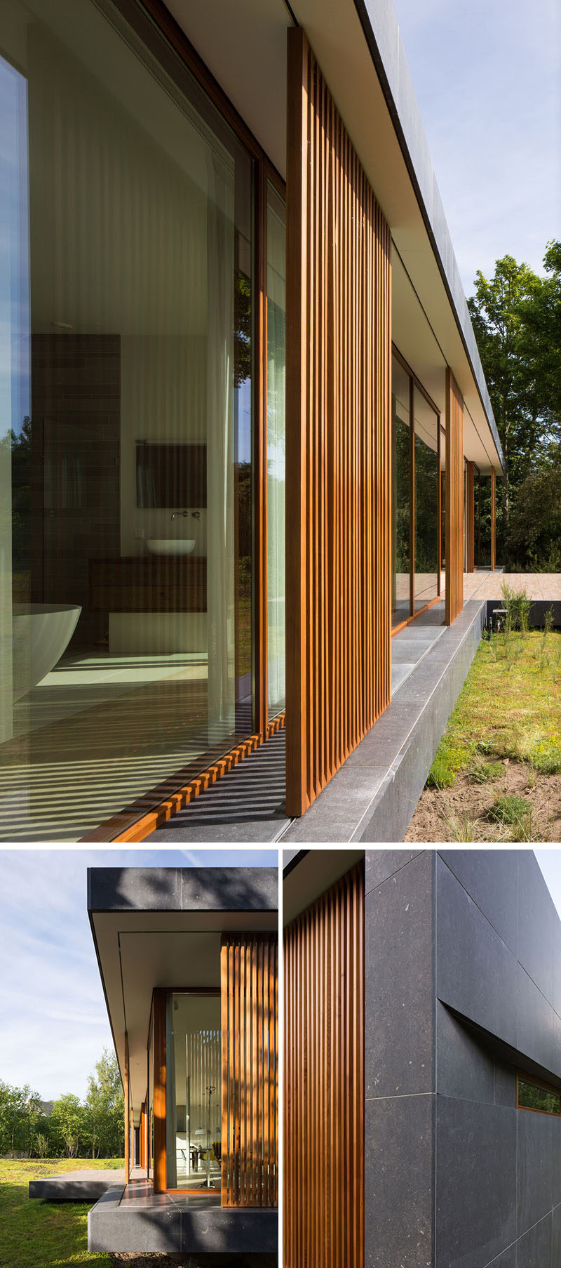 On the facade of this modern home, large scale, sliding wood mullions made from Western Red Cedar provide shade, privacy and protection to the home. The mullions can slide allowing the interior of the home to be opened up to the garden. #WoodScreens #Mullions #ModernHouse #ModernArchitecture