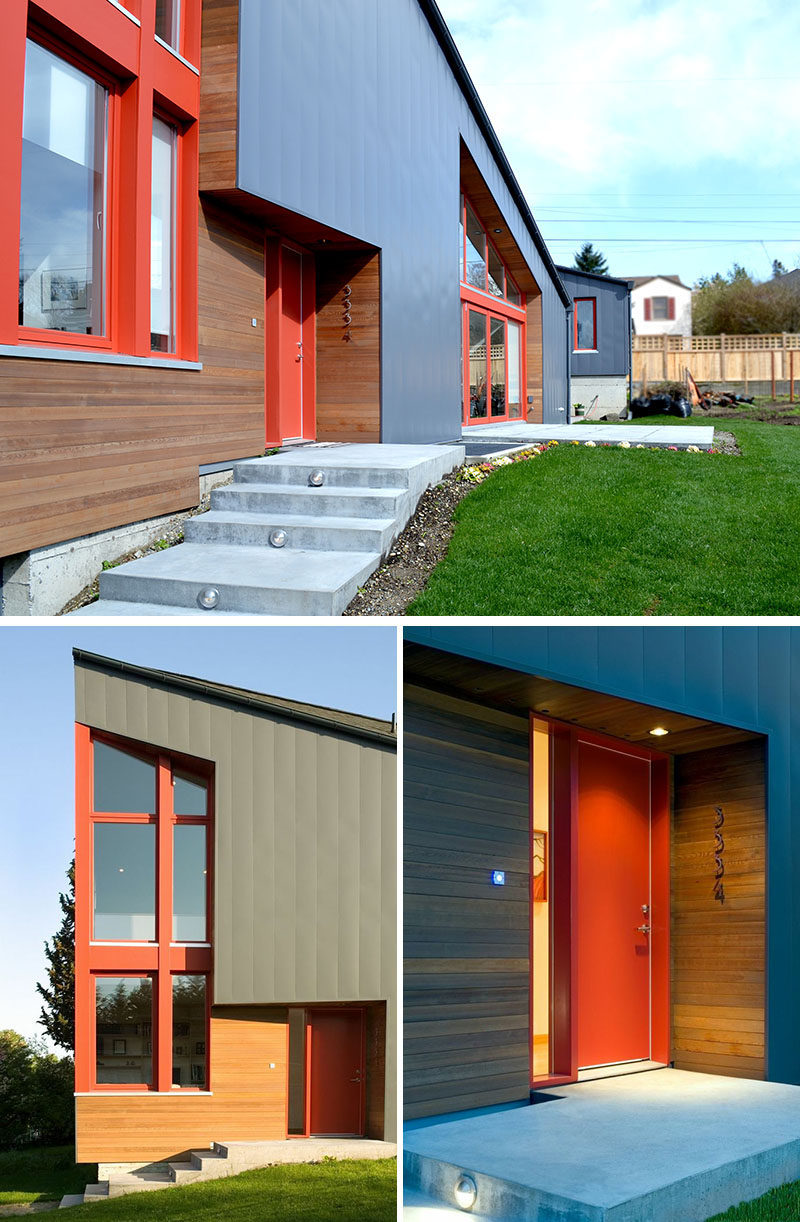 The exterior of this modern house has wood accents that wrap around the bright window frames, while concrete steps lead to the front door. #WoodAccents #HouseExterior #ModernHouse #Architecture