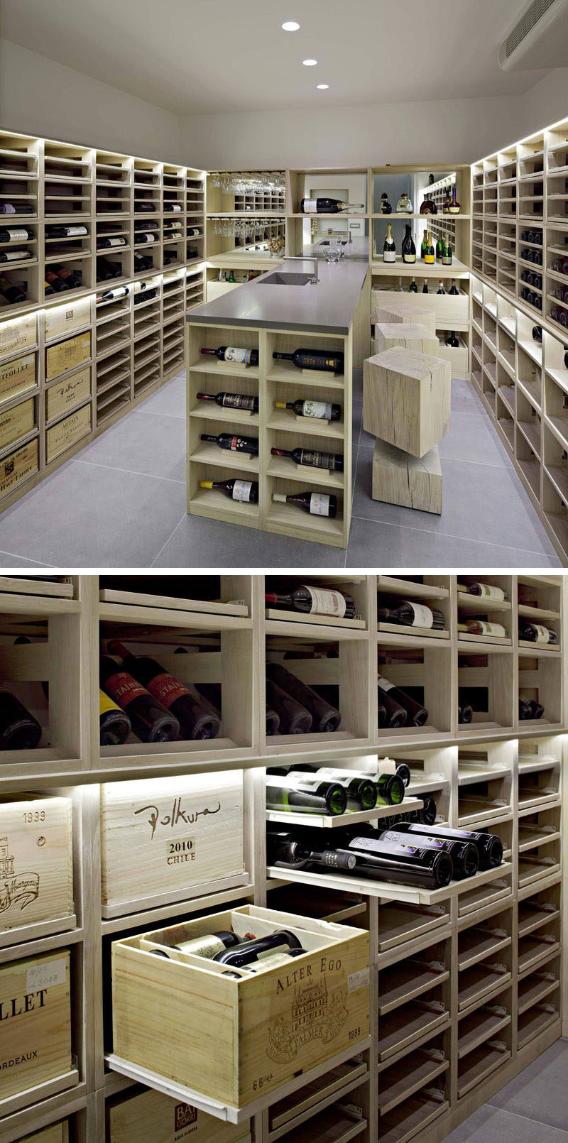 In the lower floor of this modern house, there's a wine cellar with custom built shelving with pull-out displays to show off the wine. #WineCellar #WineStorage #InteriorDesign